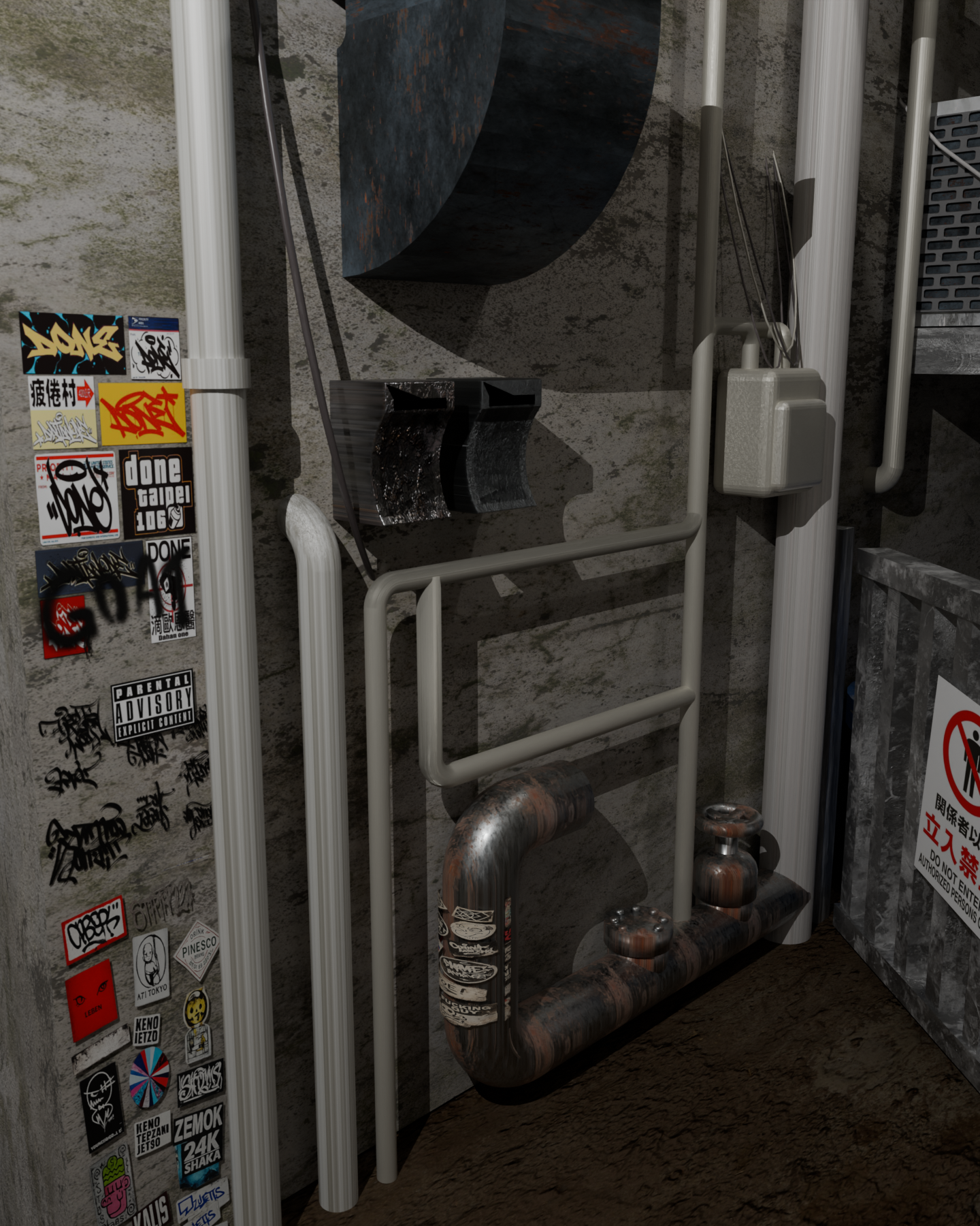 Final render showing pipes, ventilation and graphic details