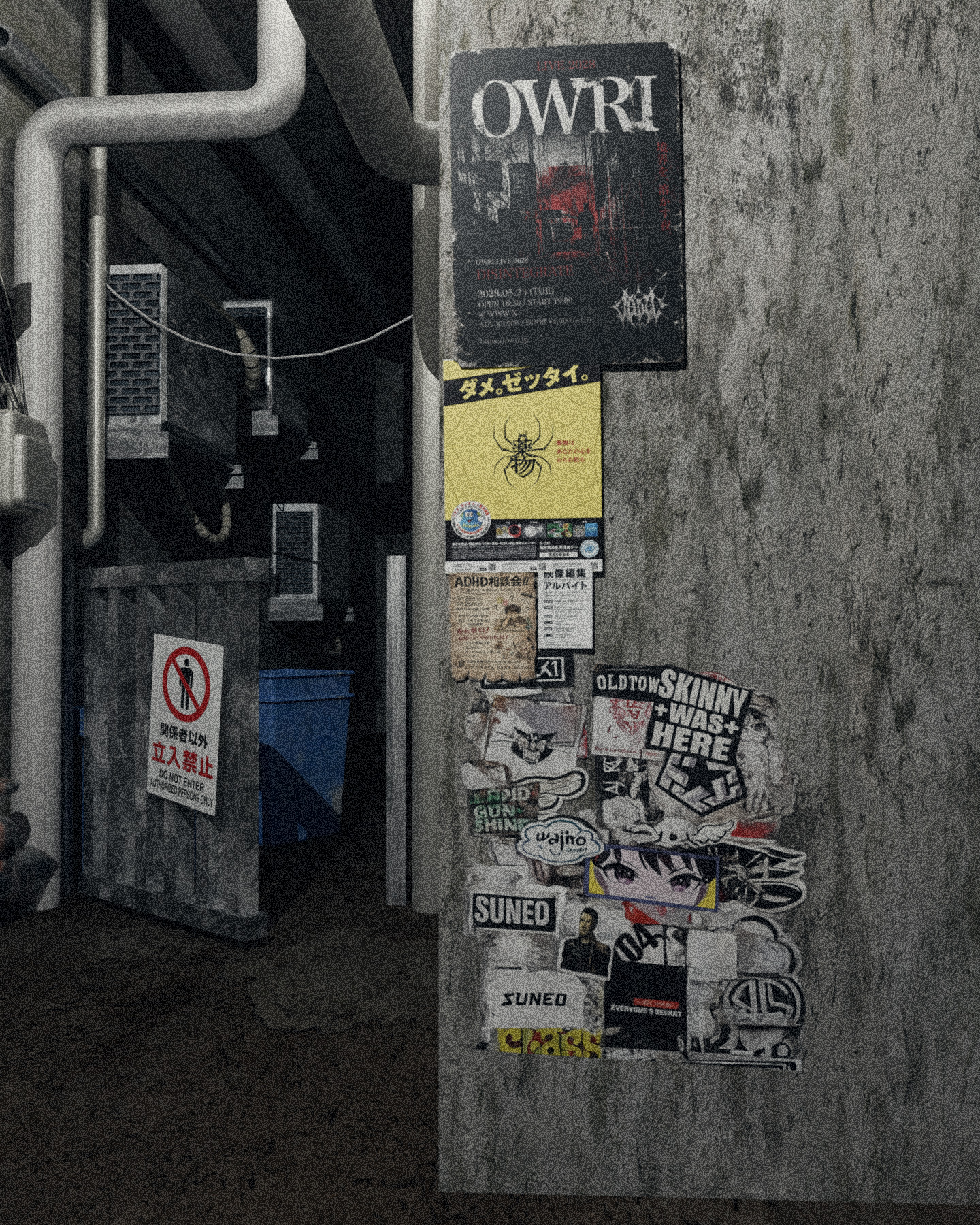 Final image showing posters and stickers on a concrete wall