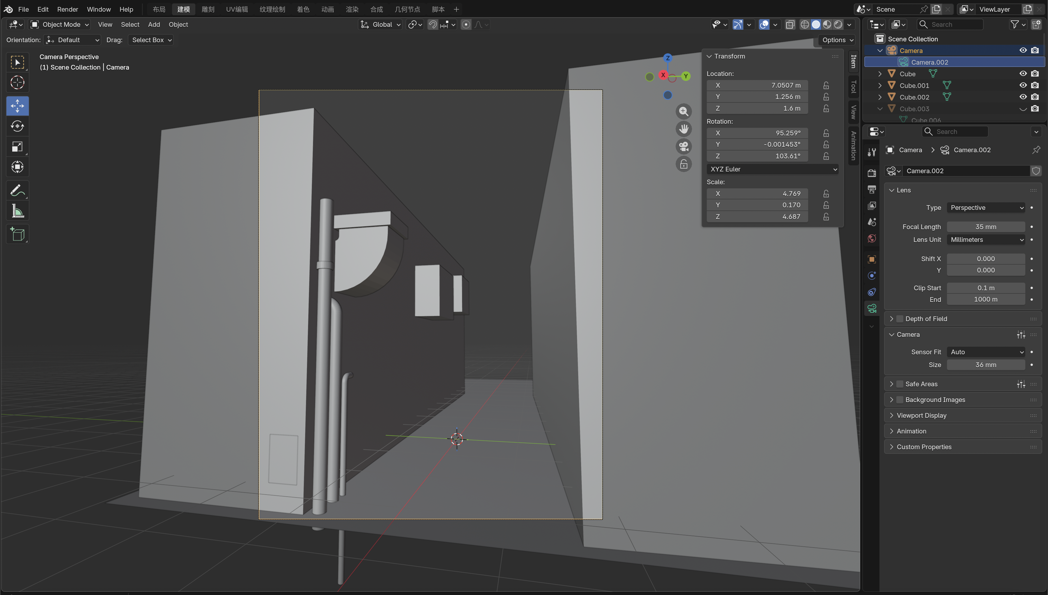 Initial Blender blockout and camera composition